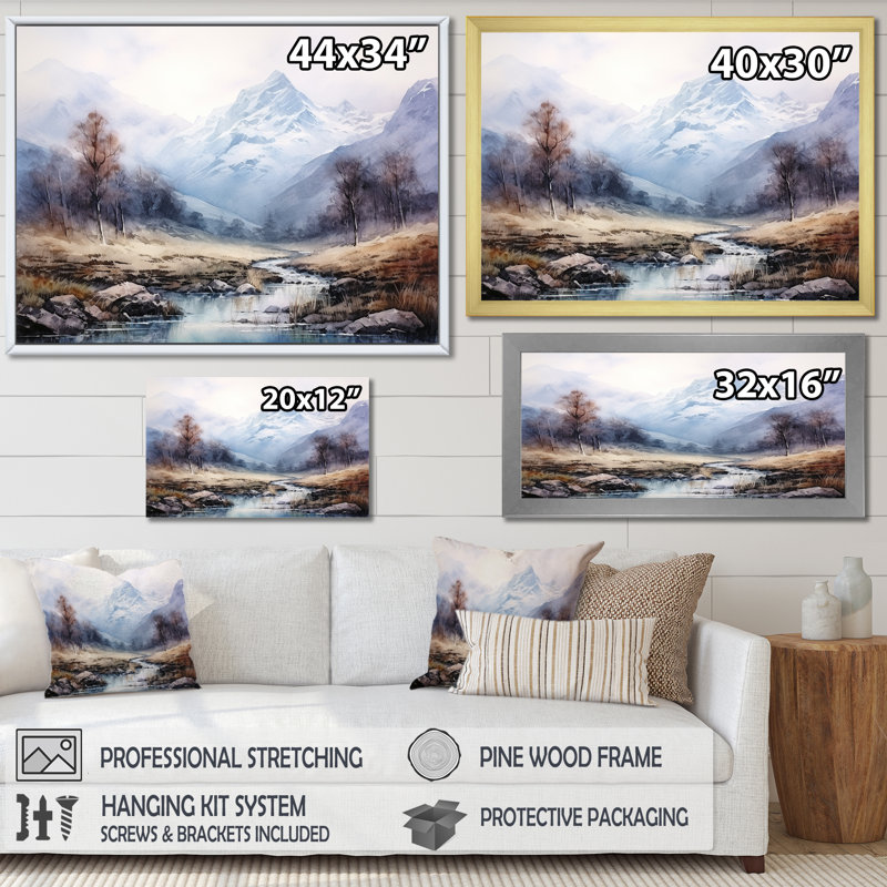 «European Fog Mountain Dream II - Winter Landscape», art mural, H 24 po x l 32 po x P 1 po, Cadre flottant brun