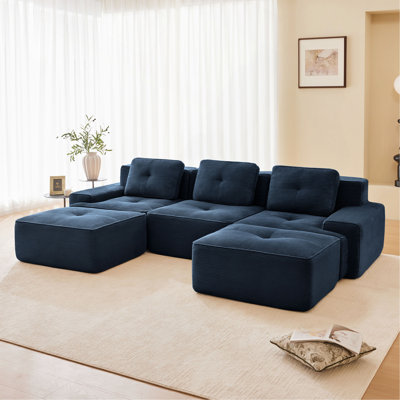 Canapé modulaire en forme de U de 117 po pour salon modulaire en tissu velours côtelé de 117 po avec siège profond et repose-pieds mobile, passepoil perlé, conception sans assemblage, conception antidérapante