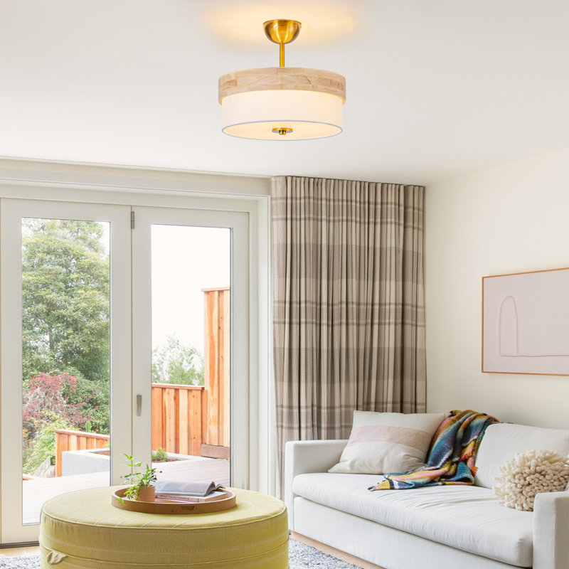 Plafonnier semi-encastré, luminaire doré de 13 po, garniture en bois naturel avec abat-jour en tissu blanc crème, luminaire encastré moderne pour chambre à coucher, couloir, cuisine