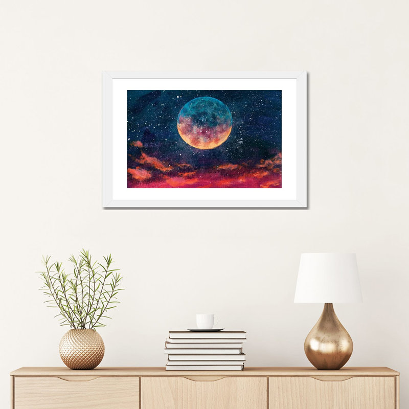 Lune parmi les étoiles dans un univers par Valery Rybakow - impression d'art graphique, H 16 po x l 24 po x P 1 po, Blanc