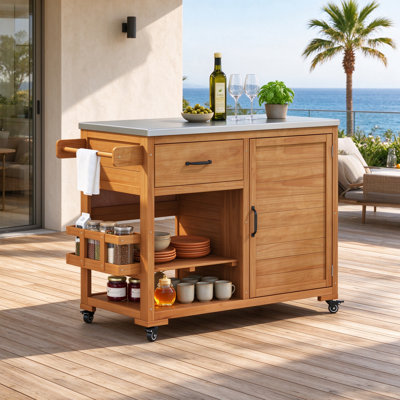 Chariot de cuisine pour îlot de cuisine en bois de sapin massif avec plateau en acier inoxydable, étagère à épices, tablette amovible et réservoir de gaz, largeur de 43,3 po, naturel