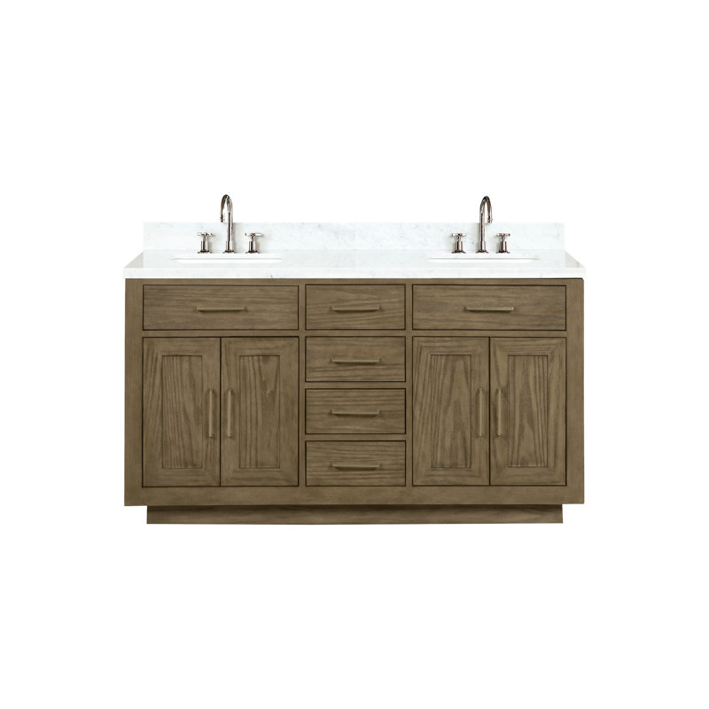Meuble-lavabo double en chêne gris 60 po X 22 - comptoir en marbre, robinet, bois massif à fermeture en douceur, panneaux de contreplaqué avec cadre en bois