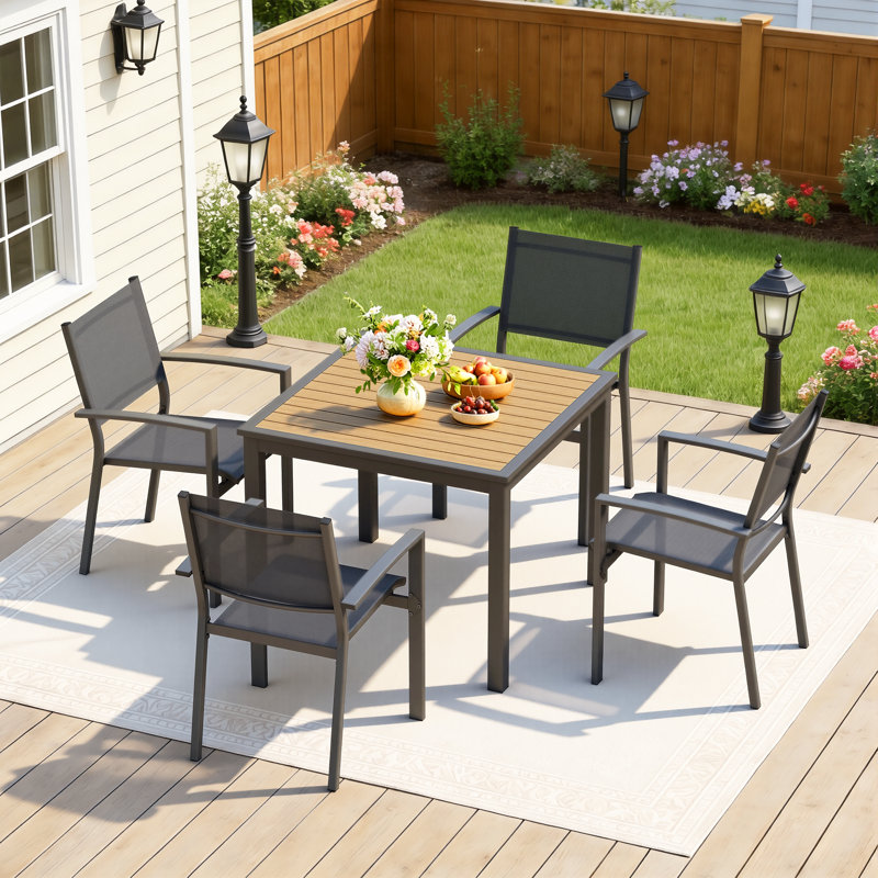 5-Piece Outdoor Dining Set, 4-Person Outdoor Table and Chairs with Square HDPS Top & Weather-Resistant Metal Frame, All-Weather Patio Dining Set for Backyard, Deck, Garden