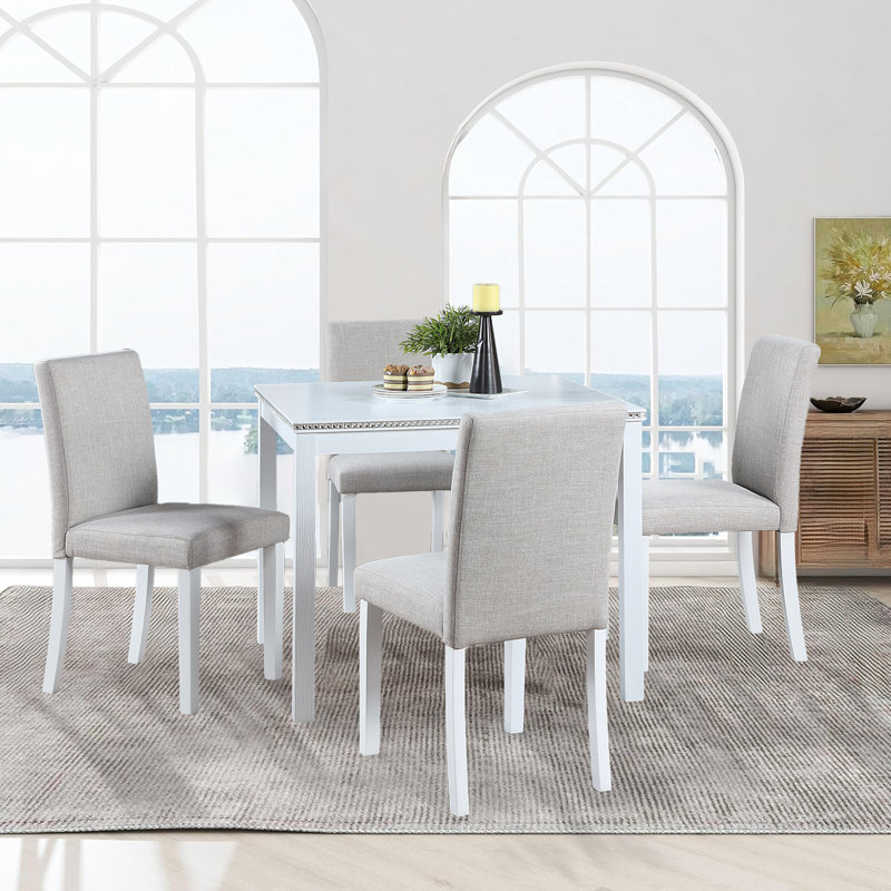 Ensemble de salle à manger Balachandran, Blanc, Lin gris / blanc, H 30 po x L 34,5 po x l 34,5 po