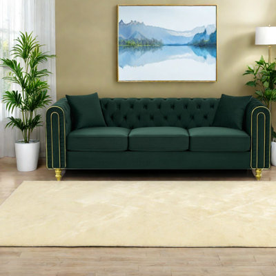 Canapé Chesterfield moderne en velours vert de 86 pouces pour une maison spacieuse