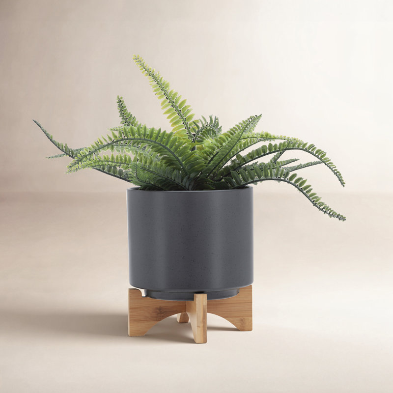 Ceramic Planter with Bamboo Stand - Modern Plant Pot with Elevated Base for Indoor Use, 9" H x 8" W x 8" D, Dark Gray, 1