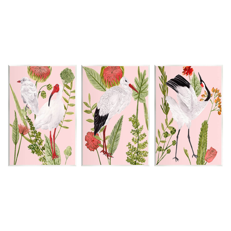 «Crane Bird», ensemble de 3 plaques murales botaniques roses par Melissa Wang, H 19 po x l 13 po x P 0,5 po