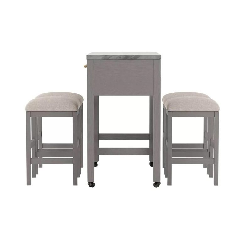 Ensemble de salle à manger rustique à hauteur de comptoir avec tiroirs de rangement et tabourets en marbre, 5