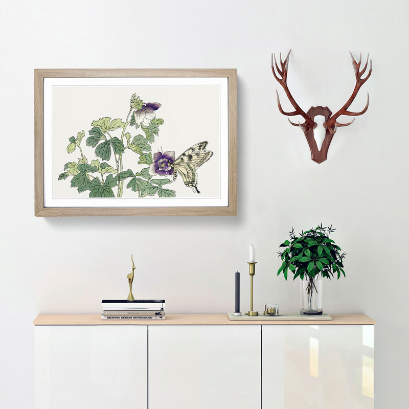 Butterfly on a Purple Flower by Morimoto Toko - Picture Frame Graphic Art Print, 62cm H x 87cm W x 2cm D, Oak Framed