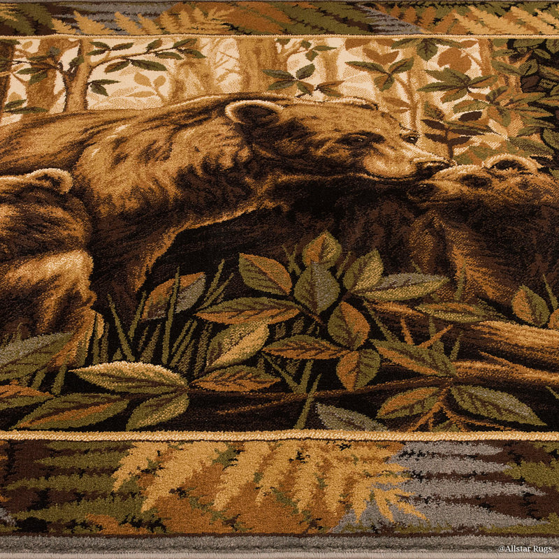 Brown and Green Bear Print Synthetic 5' x 7' Rug