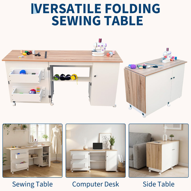 Grande table de couture pliante, table de machine à coudre avec tablettes de rangement, bureau d'appoint roulant au design compact