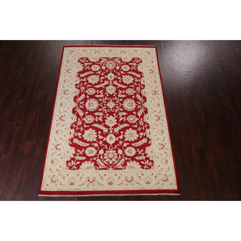 Tapis rouge en laine rouge à motif floral Peshawar Chobi noué à la main 7 x 10