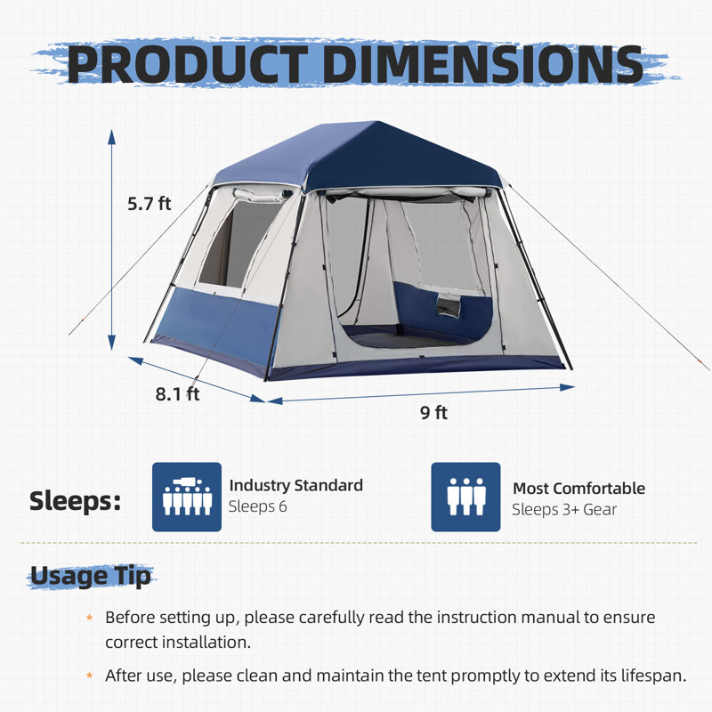 Tente de chalet instantanée, tente de camping escamotable pour 4 à 6 personnes, installation facile 60 s, glamping avec rainfly, imperméable, bleu marine