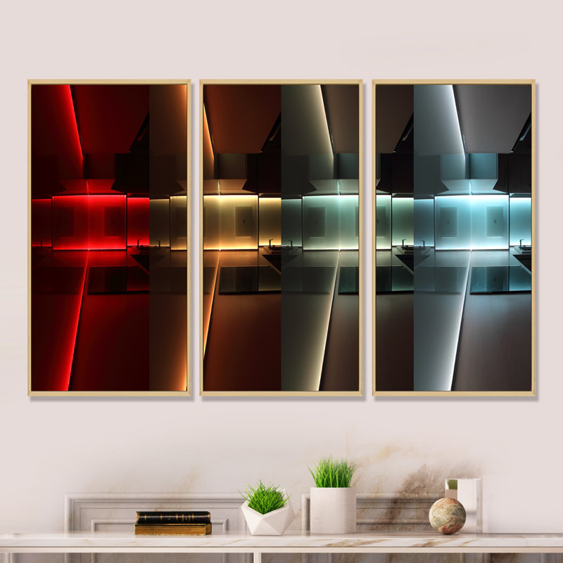 Cuisine avec éclairage DEL - 3 pièces, cadre flottant, impression sur toile, L 36 po x H 28 po, Encadrement brun