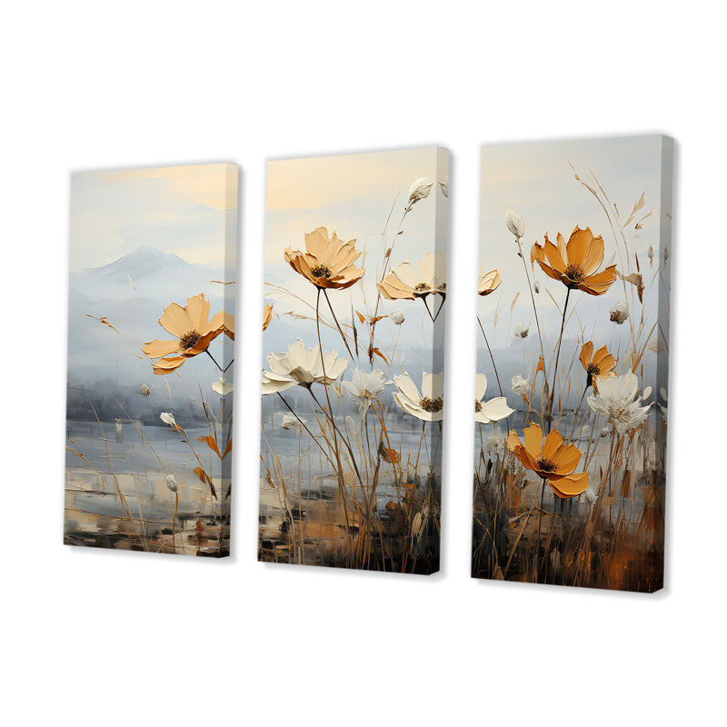 Golden Meadows of Flowers Fields III - ensemble d'art mural sur toile fleur, H 32 po x l 48 po x P 1 po