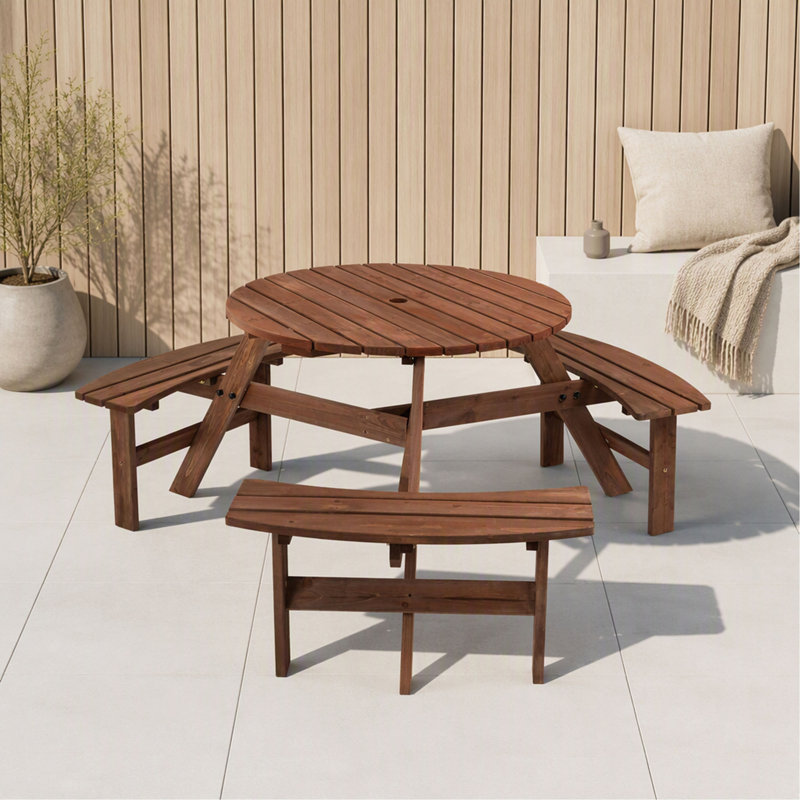 Table de pique-nique circulaire en bois 6 personnes avec 3 bancs intégrés, brun