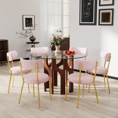 Ensemble de table ronde compacte en verre trempé et 4/6 chaises en tissu Teddy, pieds géométriques dorés pour petits espaces, salle à manger et cuisine