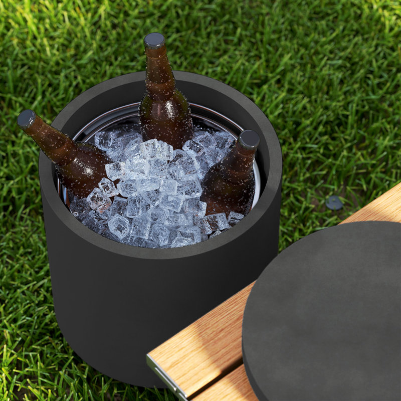 Table d'appoint extérieure 3-en-1 avec seau à glace, table de refroidissement cylindrique de style moderne en béton, coussinets réglables, aucun assemblage requis pour le balcon de la piscine de jardin