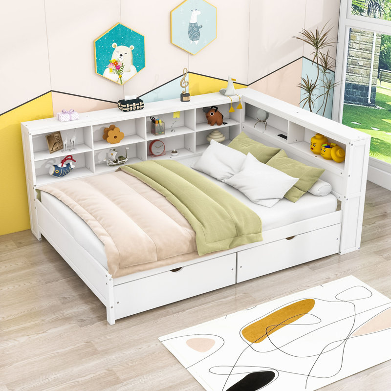 Tou Wood Daybed with 2 Drawers and Shelves, Full / Double, White