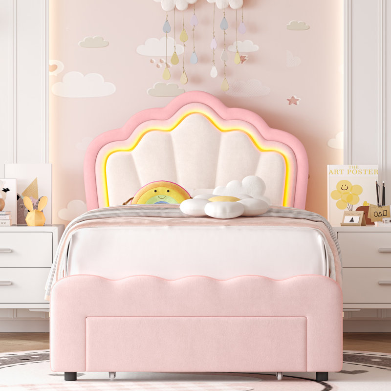 Avalie Upholstered LED Kids Bed with Drawer & Adjustable Headboard, Twin, Pink/Beige Velvet