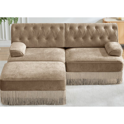 Tissu en velours confortable en L respirant, jupe Chesterfield à pampilles, combinaison libre, accoudoirs carrés légèrement incurvés, base en bois de qualité supérieure, facile à assembler, pour le salon