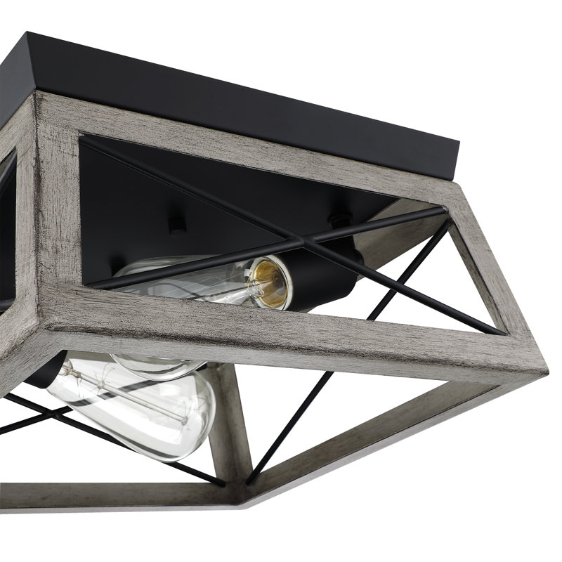 2-Light Finished Cage Classic Modern Dimmable Flush Mount Light, Black/Weathered Wood