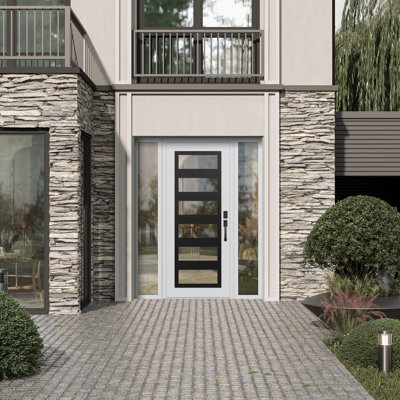 C9 Left-Hand 68 In. X 80 In. Panel Black Steel White And White Clear Glass With 2 Sidelites Clear Glass Prehung Front Entry Door