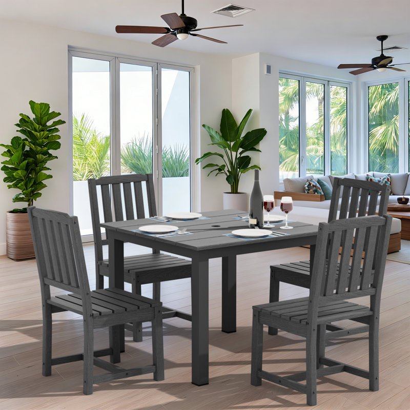Outdoor Patio Dining Set, Including A Square Table And 4 Armless Chairs, Matte Black