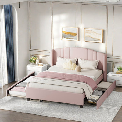 Upholstered Platform Bed With Wingback Headboard, One Twin Trundle And 2 Drawers