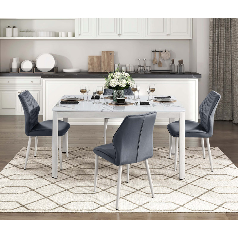 Ensemble de salle à manger moderne 5 pièces blanc et 4 chaises d'appoint avec pieds en métal, Gris foncé