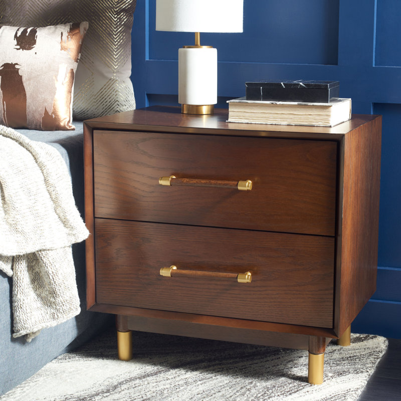 Elegant Gleavy 23'' W Nightstand – Modern Walnut Wood with Brass Accents and Stylish Bedroom Storage, Walnut
