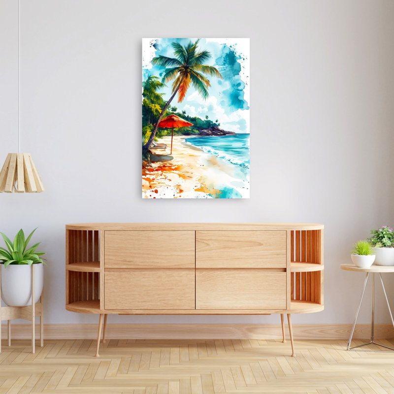 «Tropical Beach», aquarelle sereine, palmier abstrait, art mural côtier, H 48 po x l 32 po