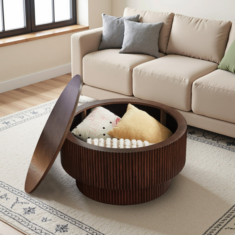 31.5" Pedestal Round Coffee Table with Storage - Modern Wood Design, Gray