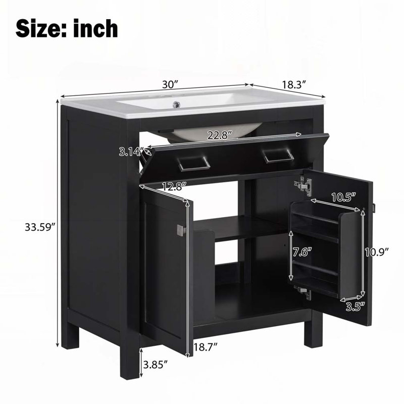 Meuble-lavabo 30 po avec lavabo en céramique, Noir