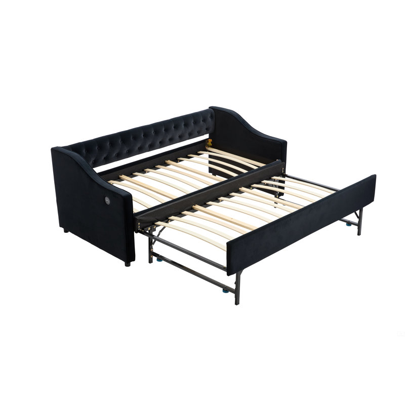 Twin Size Upholstered Daybed With Trundle,USB Port ,Side Pockets,Velvet Daybed With Button On Back, Black