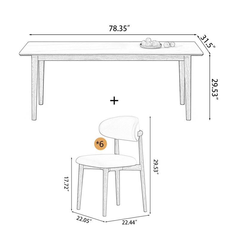 Ensemble de table de salle à manger pour 6 personnes, H 29,53 po x L 78,35 po x l 31,5 po