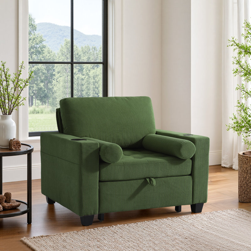Fauteuil convertible en velours côtelé convertible 3 en 1 avec lit escamotable multifonctionnel avec 2 coussins moelleux, prise USB et porte-gobelet