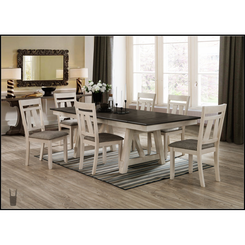 Ensemble de table de salle à manger extensible de style chalet 7 pièces avec finition bicolore gris craie, chaises rembourrées et rallonges autoportantes pour des sièges polyvalents