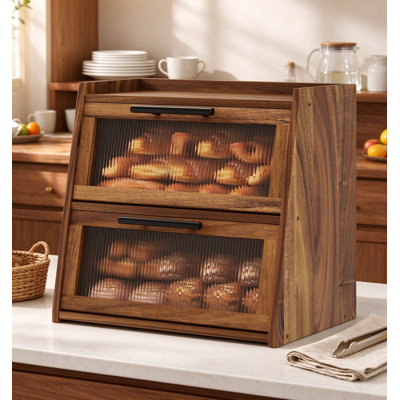 Boîte à pain en bois d'acacia pour comptoir de cuisine avec porte en acrylique ondulée, contenant à pain à deux couches, grand porte-pain