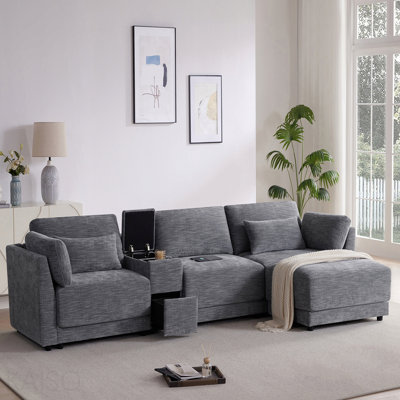 [Video]124'' L-Shaped Sectional Sofa With Multi-Functional Storage Console, Wired&Wireless Charger, Movable Ottoman, Wider&Thicker Cushion, Free Combination For Living Room&Apartment, Chenille