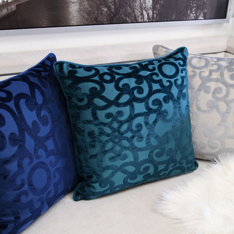 Damask Velvet Throw Pillow, Cerulean