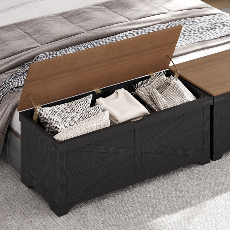 47.2" Farmhouse Storage Bench Toy Chest With U-shaped Cutout & Safety Hinges, Black/Walnut