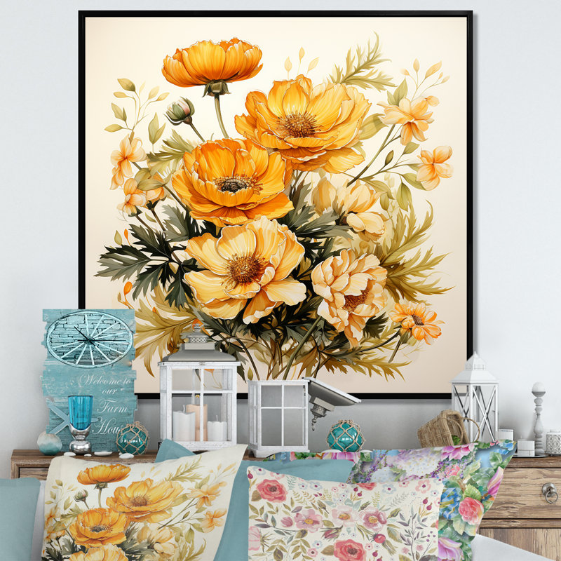 Marigold Majesty Bouquet II - Art mural souci, Cadre flottant noir, H 36 po x l 36 po x P 1,5 po