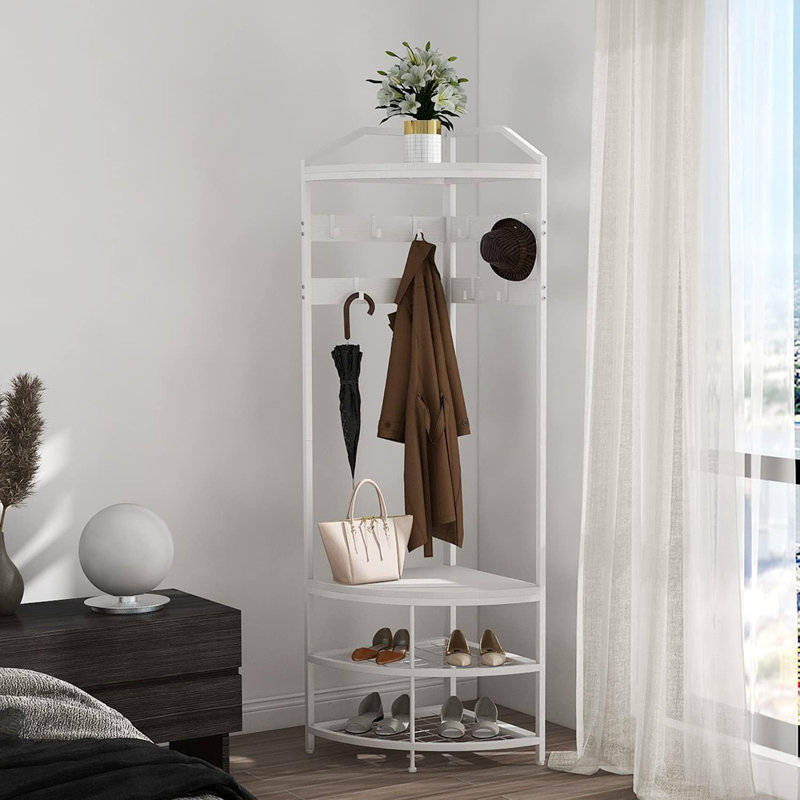 Portemanteau d'angle avec banc à chaussures - Portemanteau autoportant avec 10 crochets mobiles et rangement pour chaussures [Blanc] - [Bois / Moderne / Entrée]