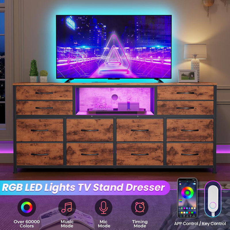 LED TV Stand Dresser for Bedroom, 55 Inch, 12 Drawers