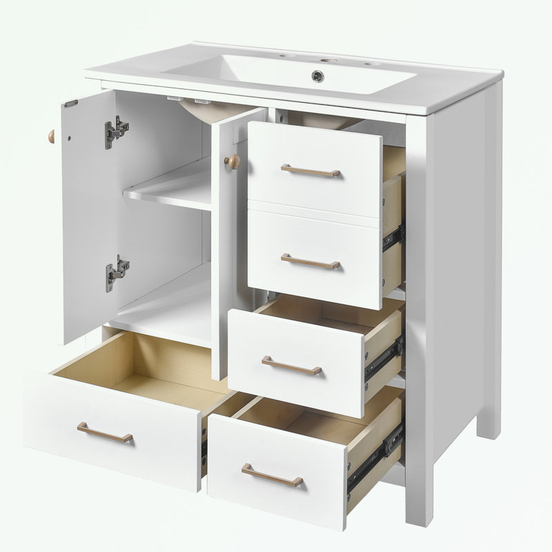 Ensemble de meuble-lavabo avec lavabo en résine, 4 tiroirs et portes à fermeture douce, Blanc