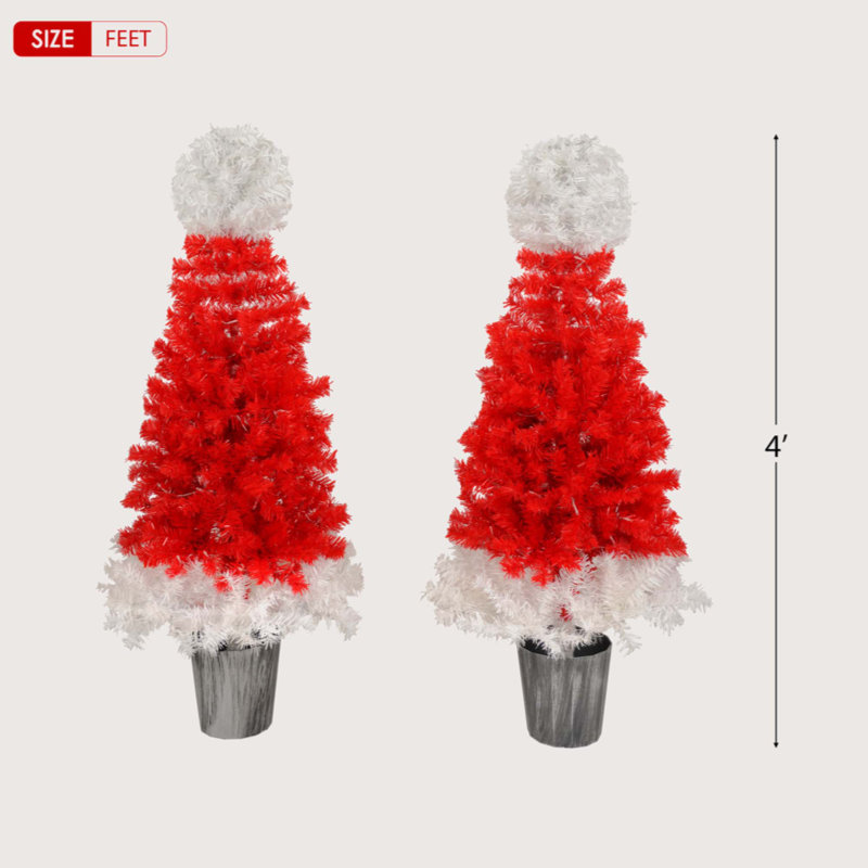 Lighted  Santa Hat Style Christmas Tree Set Of 2, 4Ft Artificial Tree With Warm White Lights, Christmas Tree For Decoration Inside And Outside