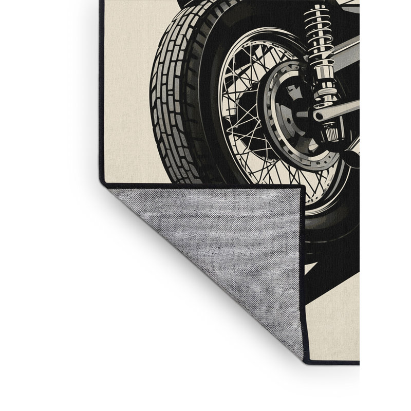 Machine Washable Kendari Vintage Cruiser Motorcycle Retro Geometric Rug in Beige – Black Binding, 5x7