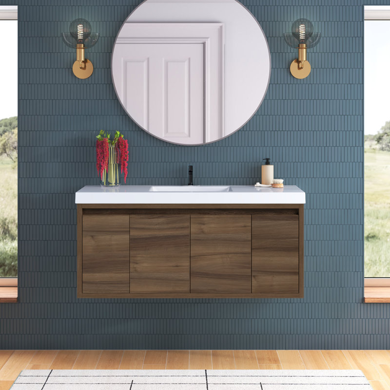 Meuble-lavabo mural simple de 48,5 po avec comptoir en marbre synthétique pour la salle de bain, Brume caramel