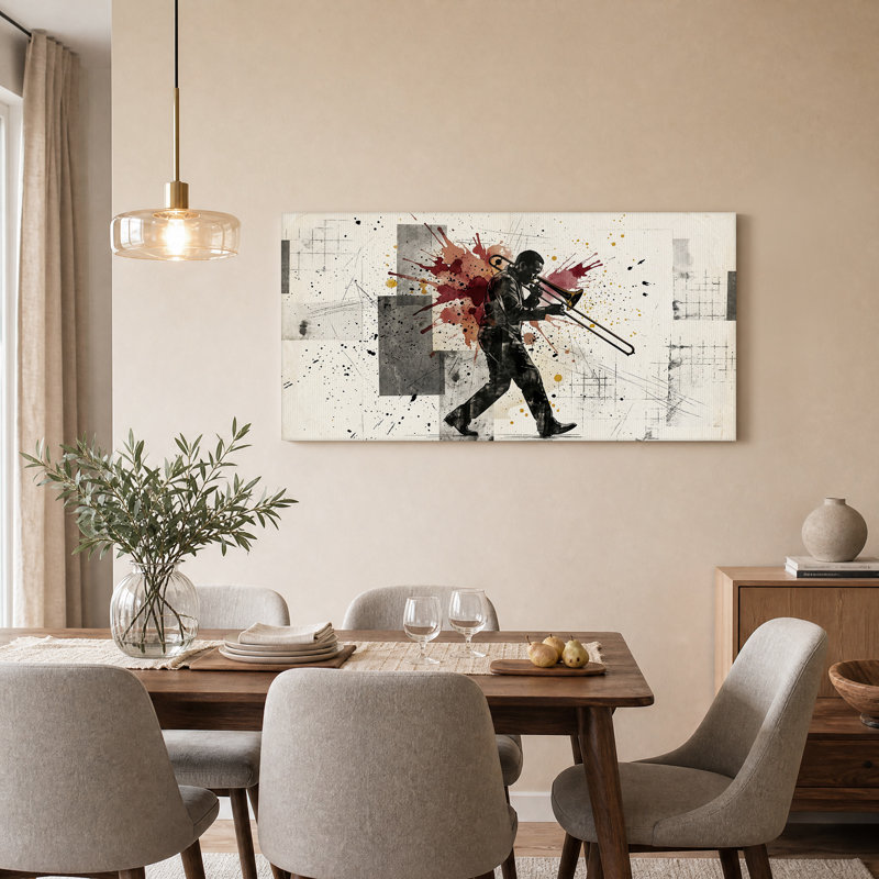 «Walking Trombone Player in Red Ink Splatter», art mural, L 46 po x H 24 po